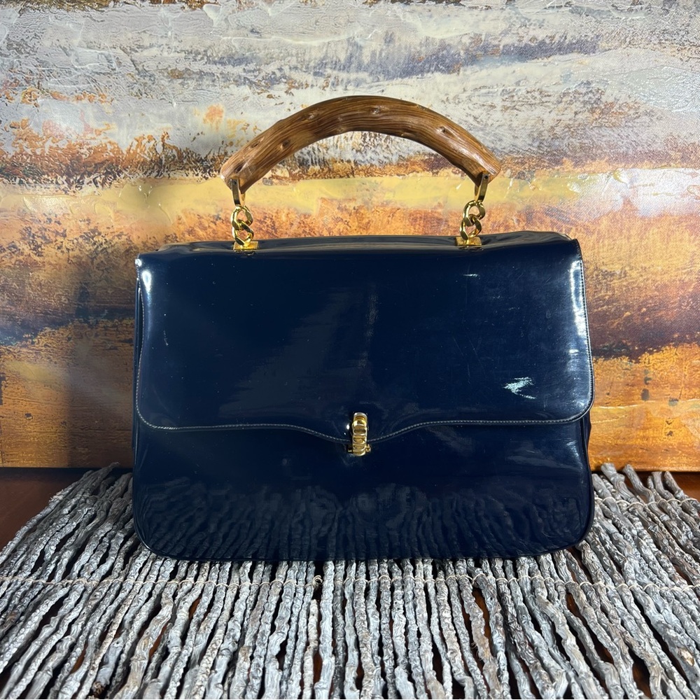Vintage Navy Blue Patent Leather Top Handle Bag Good Condition